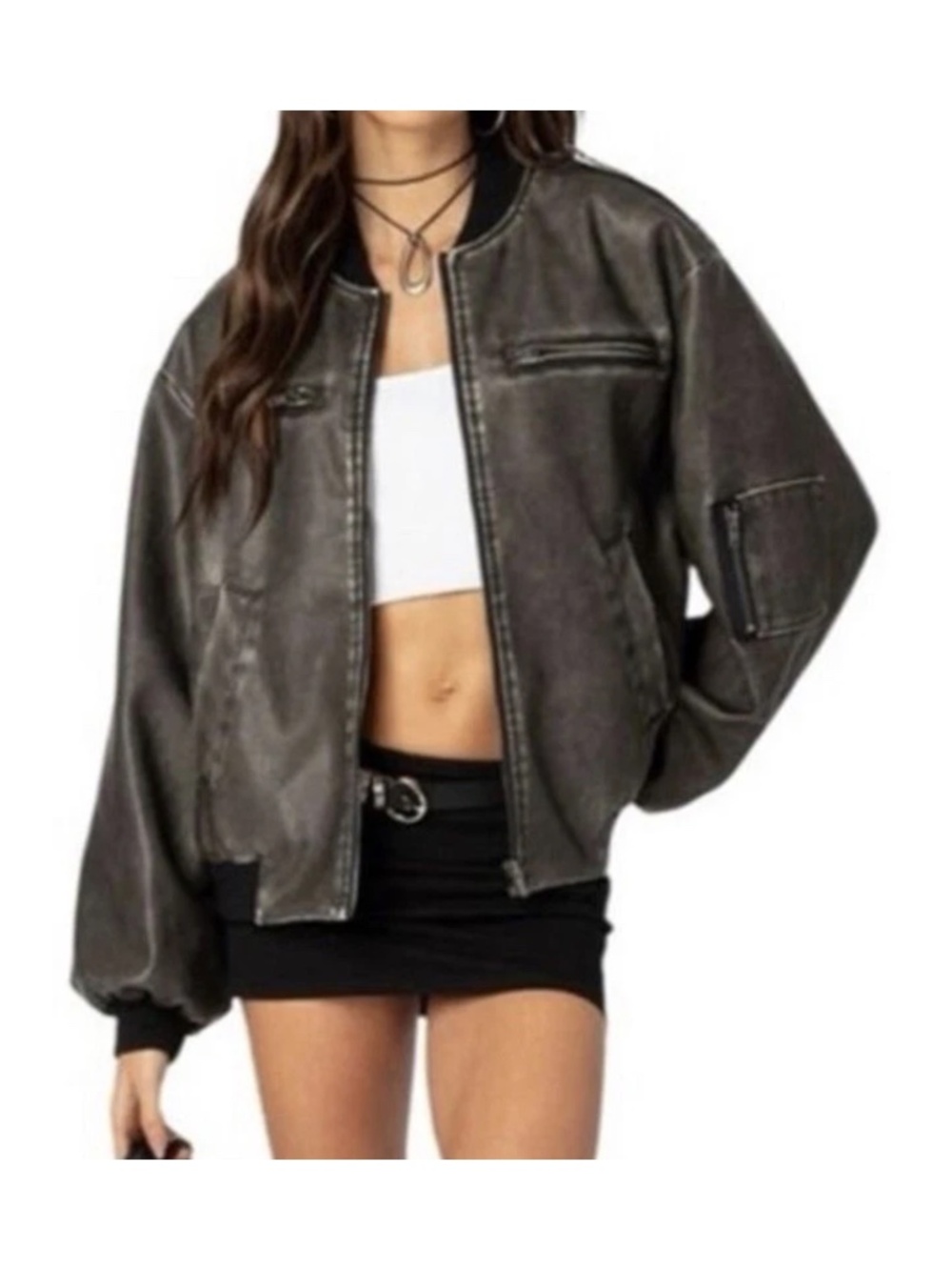 Edikted vacation Washed Faux Leather Bomber Jacket in gray size medium